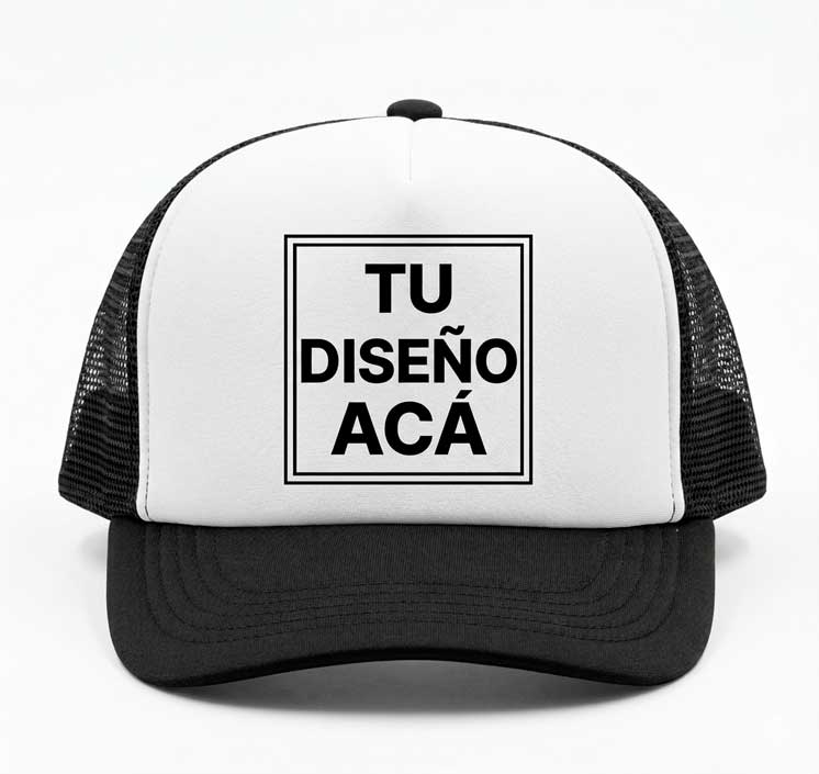 Gorra Trucker Personalizada 1 Gorra trucker negra con frente blanco personalizada con diseño propio